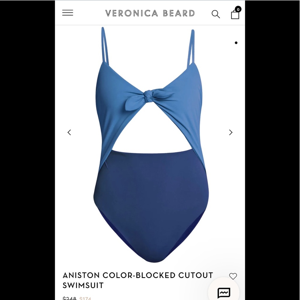 Veronica Beard Aniston swimsuit in two-tone blues.